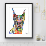 Doberman dog print, colourful wall art from Tallulah Blue Design.