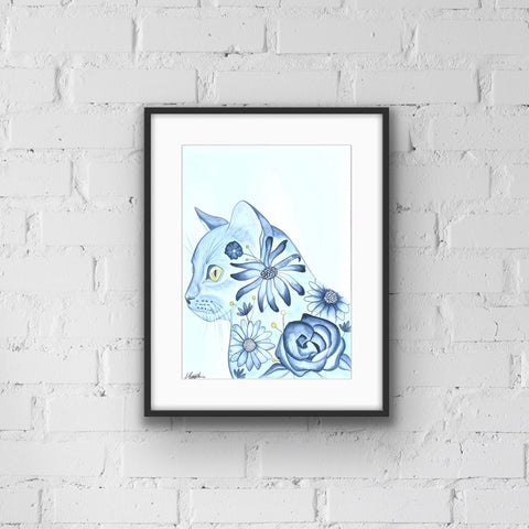 Blue flowered fill cat print
