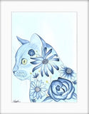 Blue cat print filled with flowers mounted in off white mount.