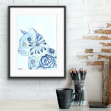 Blue / black cat art print filled with flowers