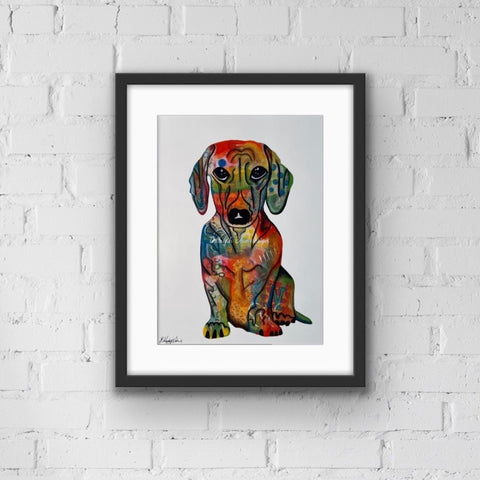 Dachshund Art Print, Colourful Sausage dog Art Work. from Tallulah Blue Design.