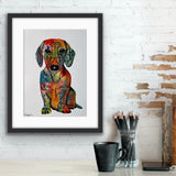 Mixed Media Dachshund Dog Art, Colourful Dog Print. From Tallulah Blue Design.