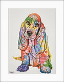 Basset Hound Colourful dog print, mounted in a white mount from Tallulah Blue design.